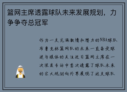 篮网主席透露球队未来发展规划，力争争夺总冠军