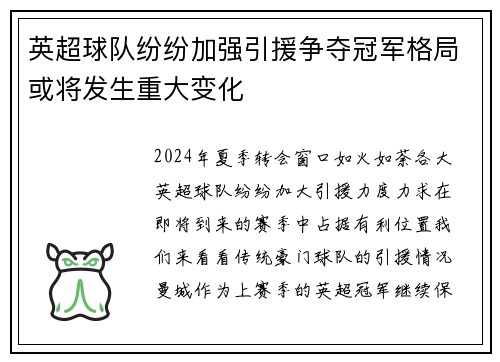 英超球队纷纷加强引援争夺冠军格局或将发生重大变化