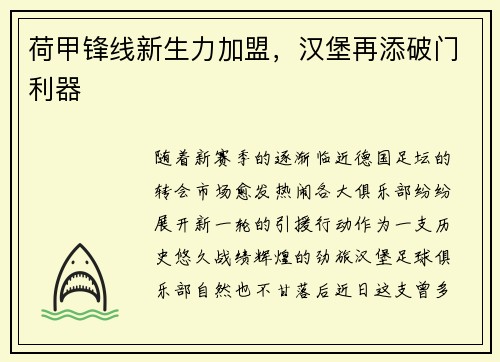 荷甲锋线新生力加盟，汉堡再添破门利器